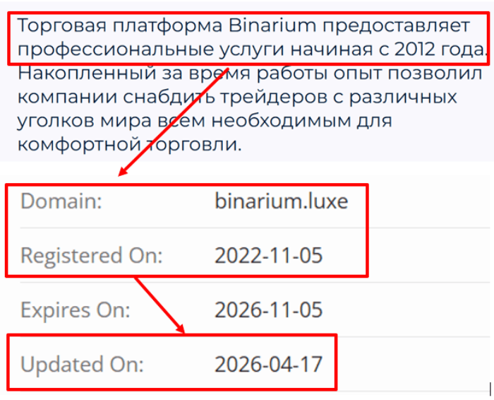 Мошеннический брокер Binarium Luxe (binarium.luxe) Отзывы и возврат денег! 6 Binarium Luxe возраст