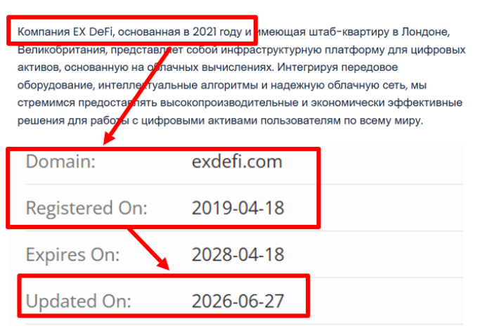 Мошеннический брокер EX DeFi (exdefi.com) Отзывы и возврат денег! 6 EX DeFi возраст